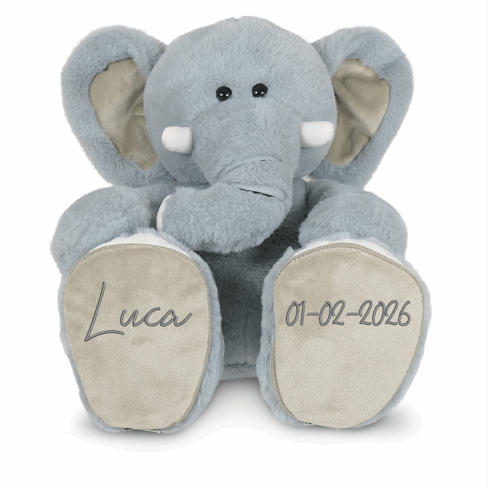 Geboorteknuffel olifant Luka gepersonaliseerd met naam vooraanzicht