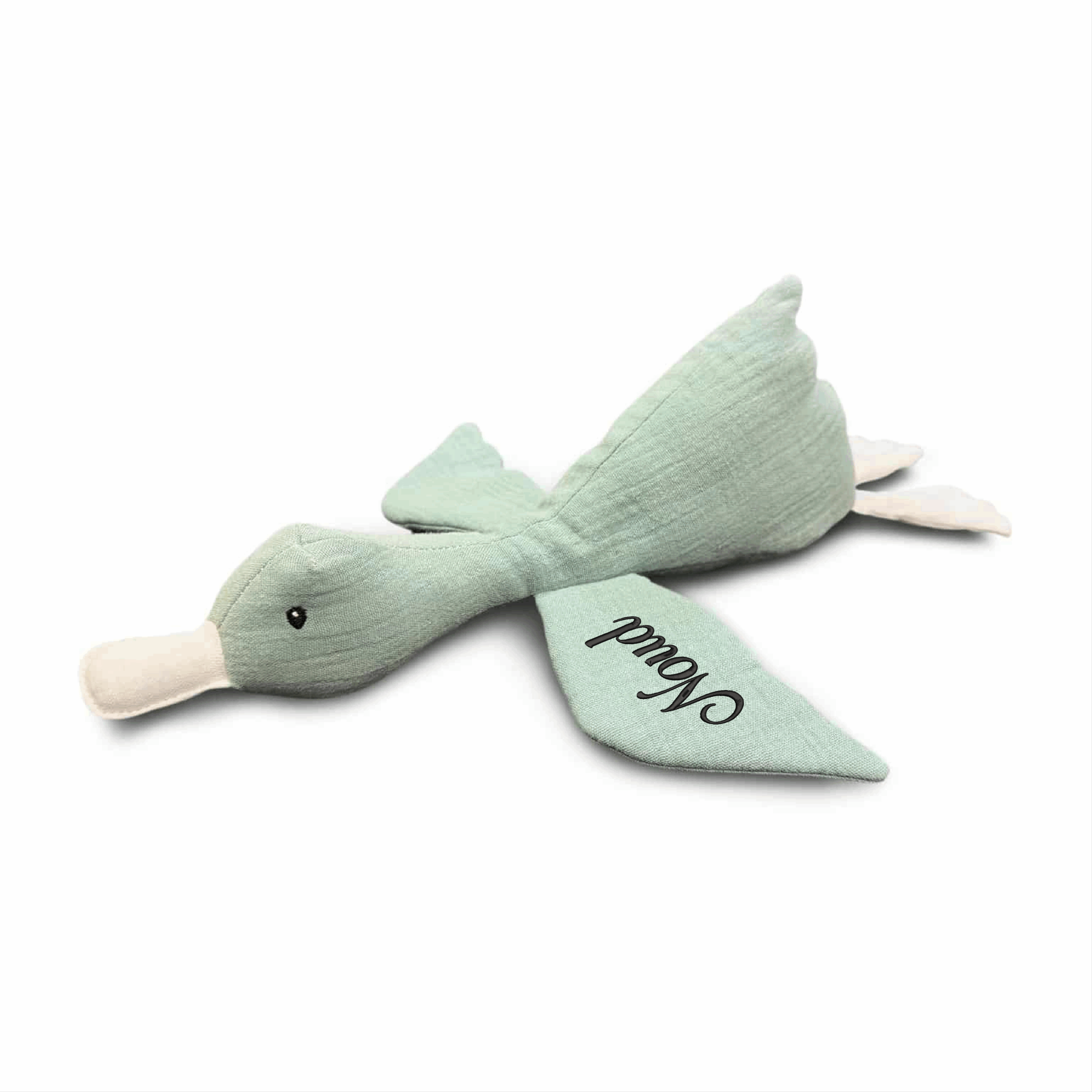 Knuffeltje eend oudgroen gepersonaliseerd met naam vooraanzicht